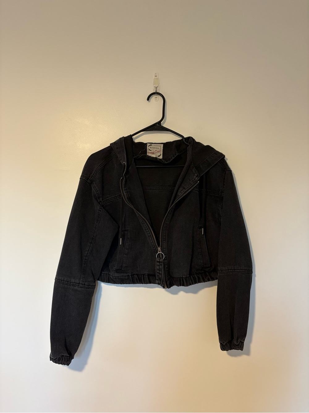 Women’s Black Hooded Zip-Front Cropped Denim Jacket